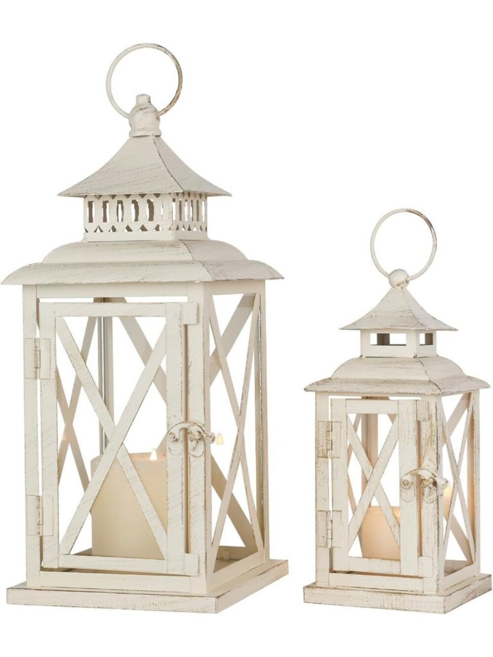 Set of 2 Beige Metal Lanterns with Glass - Decorative Candle Holders for Indoor